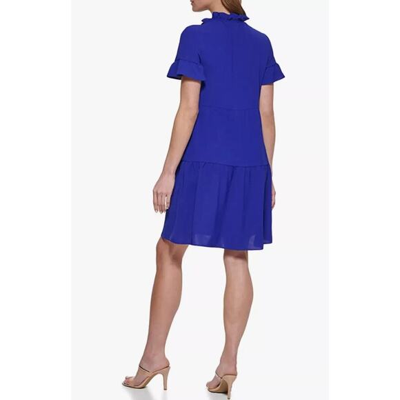 DKNY Tie Neck Dress Berry Blue Mini Short Sleeve Ruffled Tiered 6 S - Picture 2 of 8